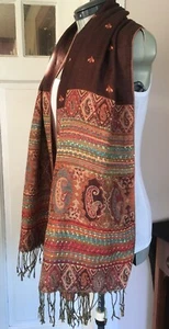 Vintage Earthtones Paisley Vining Boho Azteken 68"x27" Fransen Halstuch Pashmina Schal - Bild 1 von 13