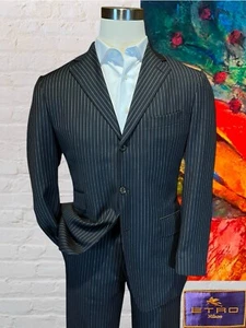 Etro Milano US 40R 34x29 Black Gray Pinstripe Designer 2 Piece Suit Jacket Pants - Picture 1 of 16