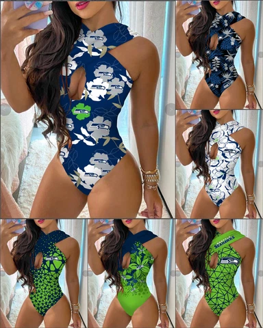 Seattle Seahawks Women's One piece Swimsuits Front Cross Keyhole Bathing Suits Cover