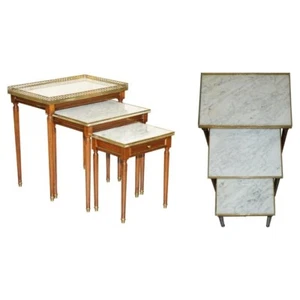 VINTAGE NEST OF FRENCH EMPIRE MAHOGANY ITALIAN CARRARA MARBLE & BRASS TABLES - Picture 1 of 24