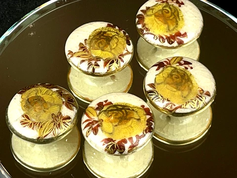 Antique Vtg 5pc Japanese Satsuma 5/8" Hand Painted Buttons Gilt Gold Red Floral Cover