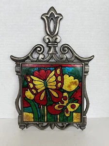 Vintage Napcoware Japan Import Metal Trivet Foil Butterfly Flowers 12” Colorful! - Picture 1 of 6