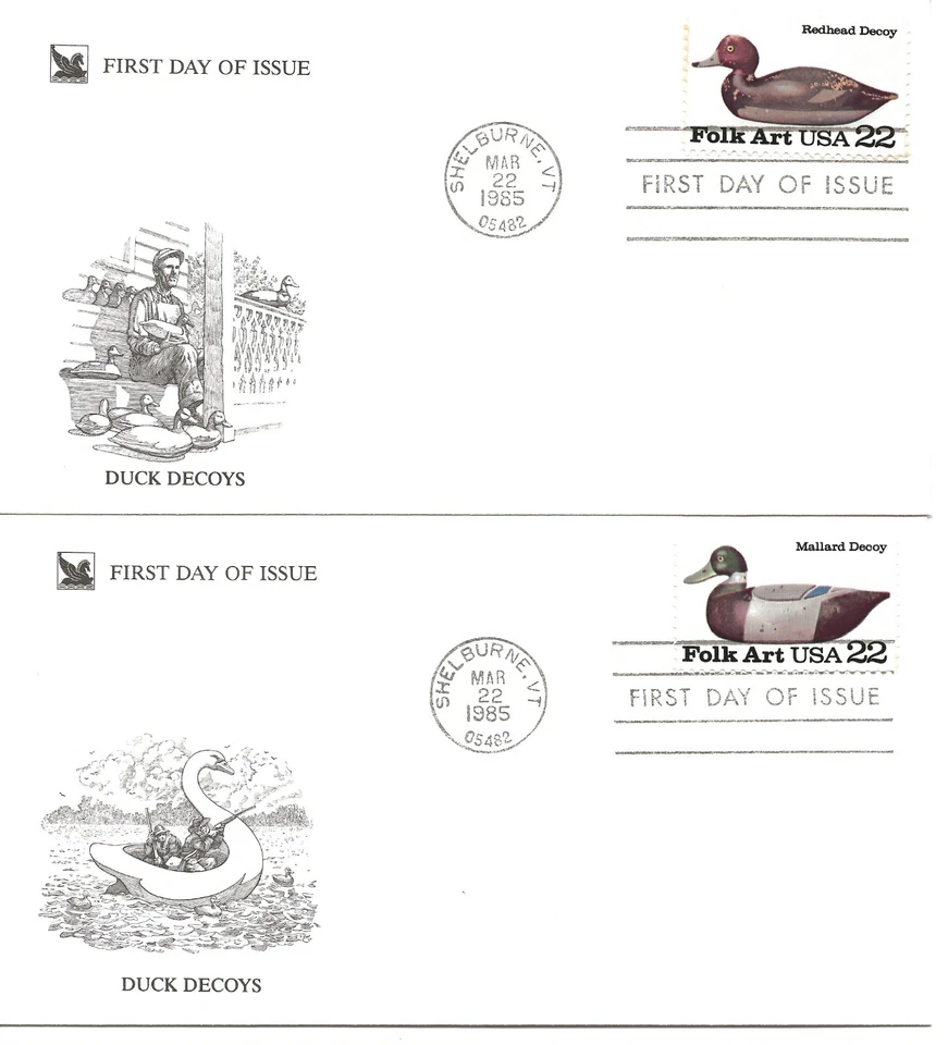 US Scott #2138-41, First Day Covers 3/22/85 Shelburne Single Duck Decoys - Image 1 of 2