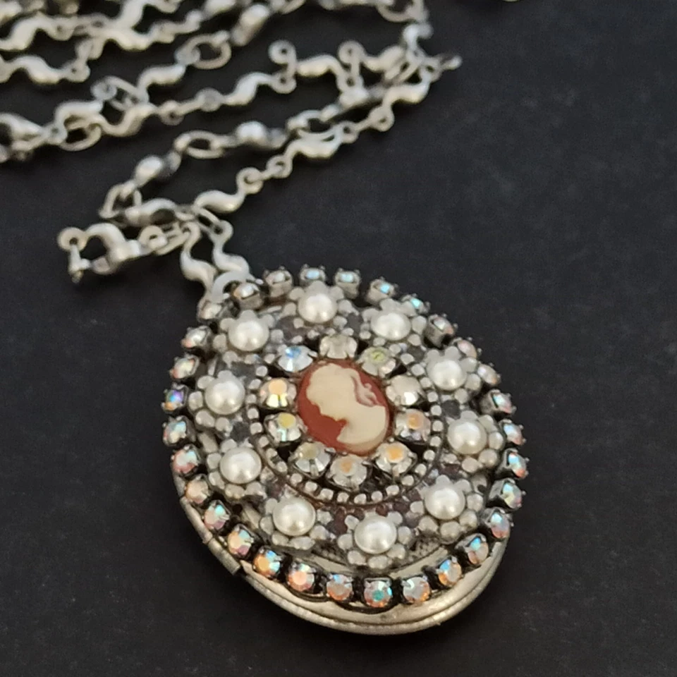 Collar Michal Negrin Plateado Camafeo Aurora Boreal Lariat Regalo Victoriano Foto 1 de 4