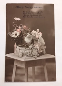 RPPC Kitten in Basket Flowers Happy Returns Handcoloured Postcard (B) - Picture 1 of 2