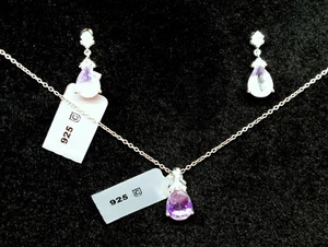 Womens Hour Glass Amethyst & White Zircon Sterling Silver pendent earings Suite - Picture 1 of 9