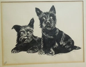 Vintage 1930's Era Original Scotty Scottie Dogs Painting Signed LIBBY - Picture 1 of 7