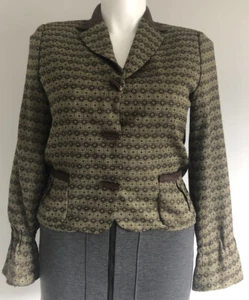AURA Blazer Virgin Wool Blend Olive Green Brown Jacquard Bow Tie Jacket Size 10 - Picture 1 of 7