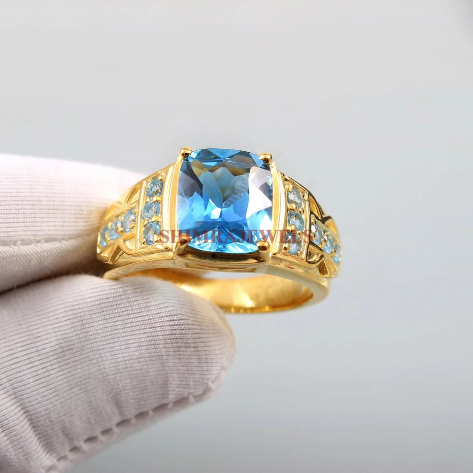 Anillo para hombre de plata de ley 925 chapado en oro con piedras preciosas de topacio azul natural #258 Foto 1 de 3