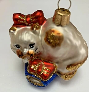 Mundgeblasene Glas Katze Weihnachtsschmuck Polen handbemalt rote Schleife Kätzchen in Box  - Bild 1 von 8