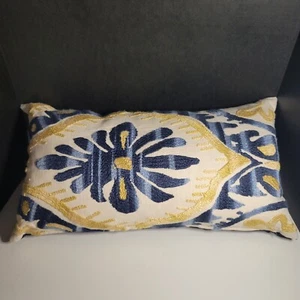 Blue and Gold Embroidered Natural White Lumbar Pillow Feather Down Insert 24X14" - Picture 1 of 12