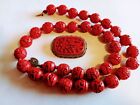 CHINESE EXPERT OLD STERLING SILVER RED CINNABAR DEEP CUT NECKLACE PIN SET 25&quot; L