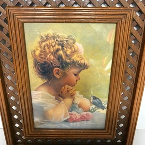 Wood Lattice Frame Sweet Girl Bird Springtime Artwork Vintage - Picture 1 of 12