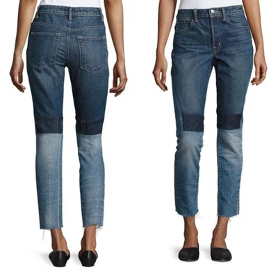 Calça jeans slim cropped cintura alta Helmut Lang nova com etiquetas em patchwork azul vintage tamanho 27 | 4 - Imagem 1 de 4