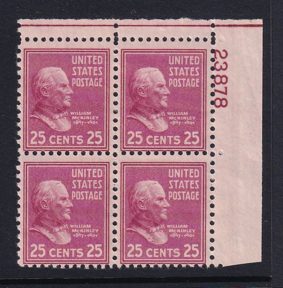 1938 PREXY William McKinley 25c lilac Sc 829 MNH plate block of 4 (AB - Image 1 of 1