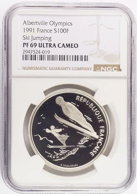 1991 🌟TOP POP🌟Albertville 1992 Juegos Olímpicos 100 francos salto de esquí NGC PF69UC KM# 995 Foto 1 de 2