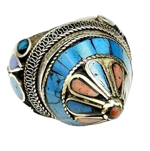 Vtg Natural Turquoise Coral Lapis Inlay Sterling Silver Shia Sufi Islamic Ring - Picture 1 of 14