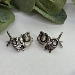 Vintage schwarze Starr Gorham Sterling Silber Blume Haken Ohrringe selten - Bild 1 von 11