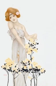 Raphael Kirchner, Purple dress (Women w Flowers) Vintage Reproduction Postcard - Picture 1 of 2