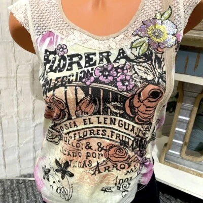 Top sin mangas para mujer SKINNY MINNIE adornado "floral" talla L ¡Nuevo con etiquetas! Foto 1 de 4