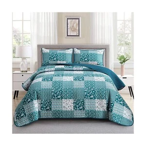 Mybedsoul Teal Blue Quilt Set King Size 3 Pieces Boho Plaid Turquoise Floral ... - Picture 1 of 7