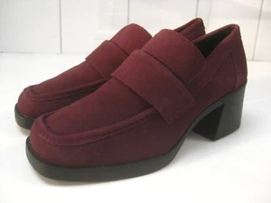 M&S LOAFERS SHOES 8 burgundy suede leather INSOLIA mid heel SLIP ON - Picture 1 of 21