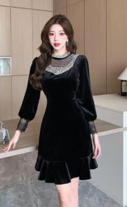 Vestido midi de noche de terciopelo dorado calce ajustado con volantes empalmados con cuentas de moda para mujer - Imagen 1 de 7