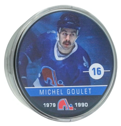 Michel Goulet Quebec Nordiques Photo Puck w/Clear Acrylic Display Tube Cover