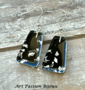Orecchini in resina ecofriendly con foglia metallica argento, handmade, acciaio - Foto 1 di 6