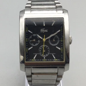Lacoste Tank Watch Men 33mm Silver Tone Day Date Black Dial New Battery 6.5" - Picture 1 of 13