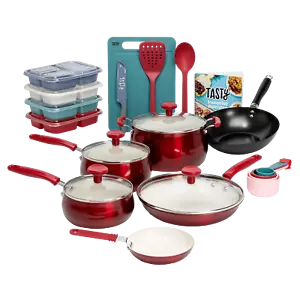 Clean Ceramic 24 Piece Non-Stick Aluminum Cookware Set Red Metal Utensil Safe - Picture 1 of 10