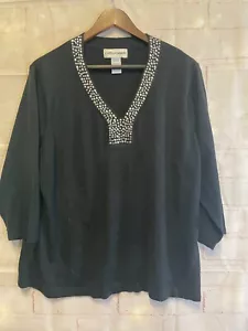 CATHY DANIELS 2X Sweater Black V neck with Rhinestone Accent Women's Top - Picture 1 of 7