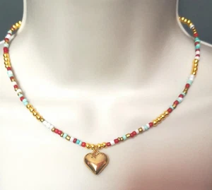 COLOURFUL GOLD HEART OPAQUE SEED BEAD NECKLACE 16 inch - Picture 1 of 4
