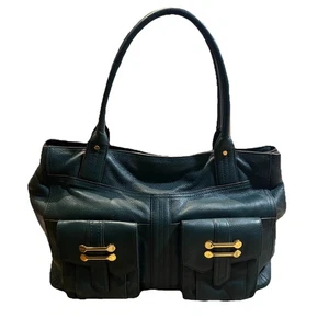 Bolso de hombro Lauren Ralph de cuero caído verde oscuro dorado herrajes bolsillos delanteros - Imagen 1 de 13