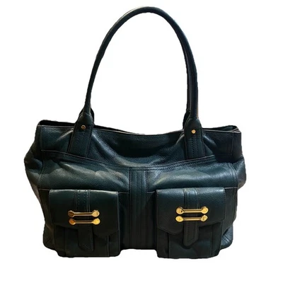 Lauren Ralph Tumbled Leather Shoulder Bag Dark Green Gold Hardware Front Pockets - Image 1 of 4