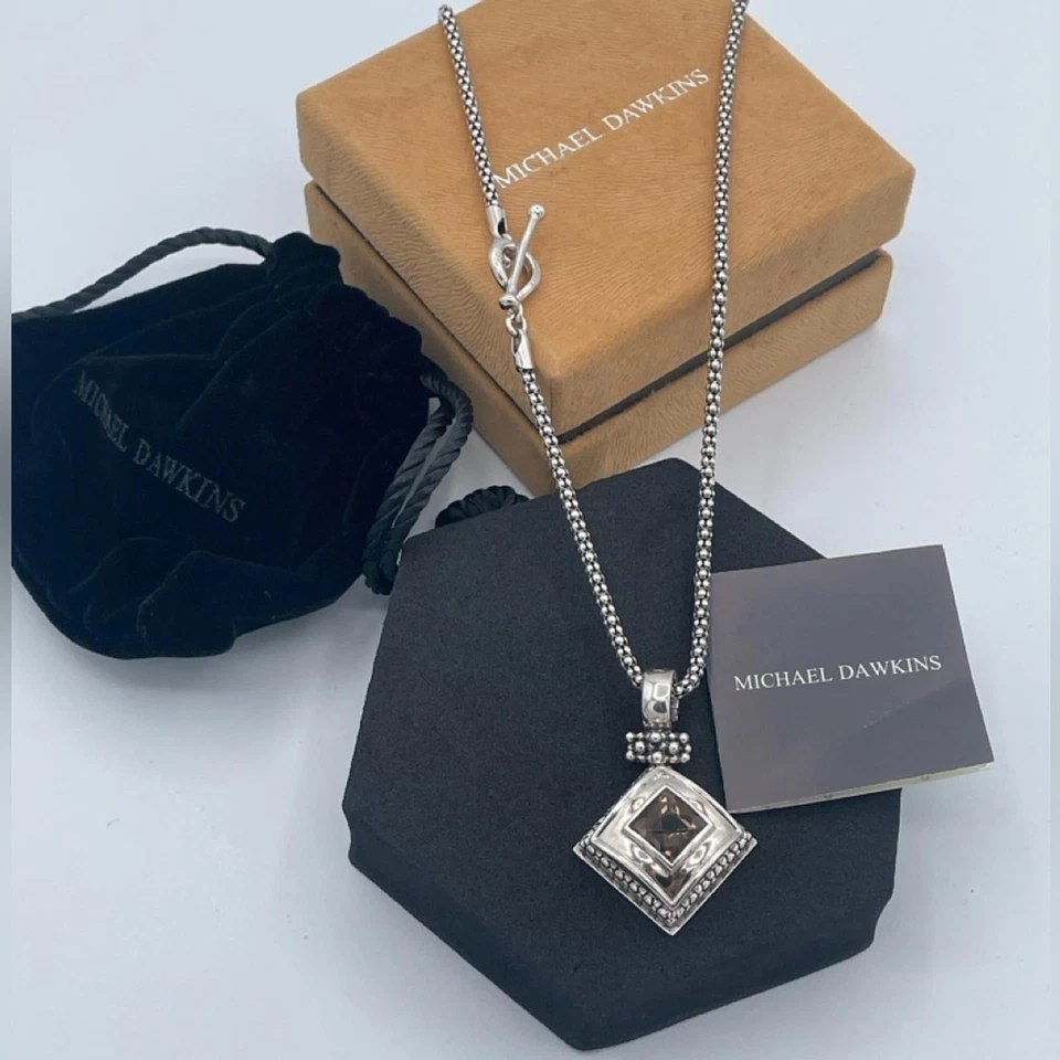 Michael Dawkins 纯银烟熏石英吊坠项链 18 英寸爆米花链 — 第 1/4 张图片
