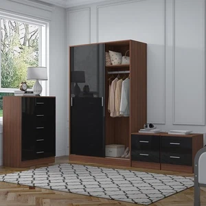 REFLECT Furniture - Sliding Wardrobe + Tall Chest + 2 Bedsides - Black/Walnut - Picture 1 of 10