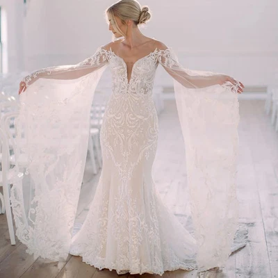 Elegant Mermaid Wedding Dresses V-Neck Flare Sleeves Lace Appliques Birdal Gowns - Image 1 of 4