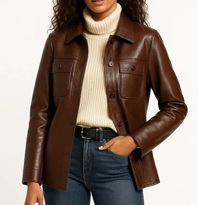 Chaqueta de motociclista suave de cuero de oveja genuino para mujer - Abrigo largo holgado Foto 1 de 4