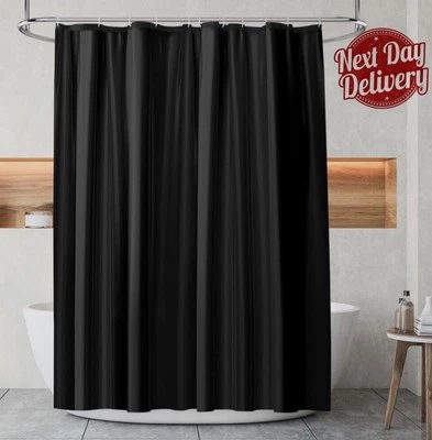 Fabric Polyester Bathroom Plain Shower Curtain 180x180CM Hooks Waterproof Black - Image 1 of 4