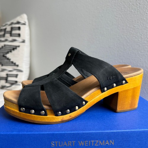 Sandali UGG Australia Jennie neri in pelle con borchie e plateau zoccoli in legno taglia 9