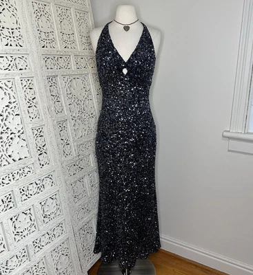Vintage Rene Derby Silk Black & Silver Sequin Beaded Keyhole Formal Event Dress - Image 1 of 4
