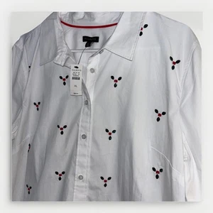 Talbots Womens Size XL Christmas Holly Sequin Long Sleeve Button Up Top Holidays - Picture 1 of 6