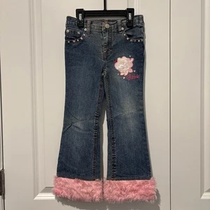 Y2K VTG Barbie Girls Jeans with Pink Faux Fur and Sequins Size 5 - Picture 1 of 11