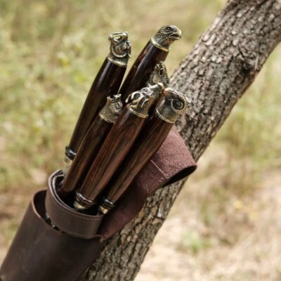 Forged handmade stainless steel skewers bronze heads leather case grill barbecue - Image 1 of 4