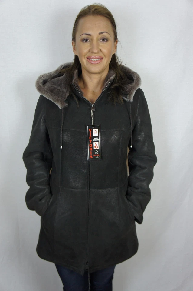 Chaqueta Abrigo Marrón 100% Piel de Oveja Cuero de Oveja Piel de Cordero Capucha Extraíble XS-5X Foto 1 de 4