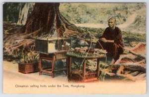1908 HONG KONG CHINA HOMBRE VENDE FRUTAS BAJO EL ÁRBOL POSTAL ANTIGUA - Imagen 1 de 2