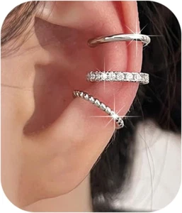Silver Hoop Cuffs Earrings for Women Teen Trendy Non Piercing Hypoallergenic Cub - Picture 1 of 8