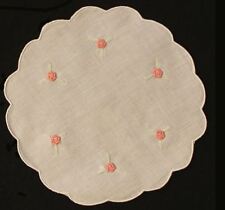 Victorian Linen "Pink Rosebuds" 30cm Ecru Doiley