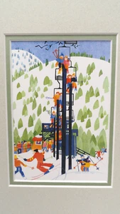 Rie Munoz 1989 Skilift Kunstkarte Vintage doppelt mattiert gerahmt (grün) LESEN - Bild 1 von 9